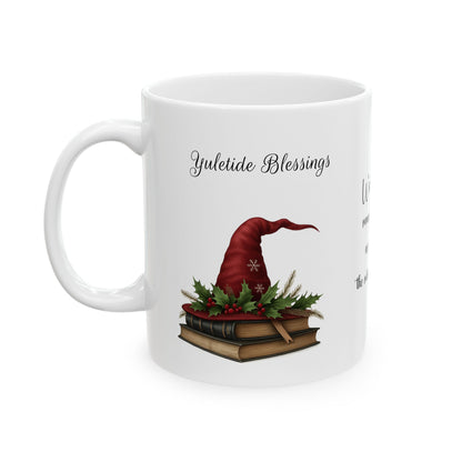 Yuletide Blessings Mug, Festive Witch Hat Coffee Mug, Winter Solstice Gift, Gift for Pagan Holiday