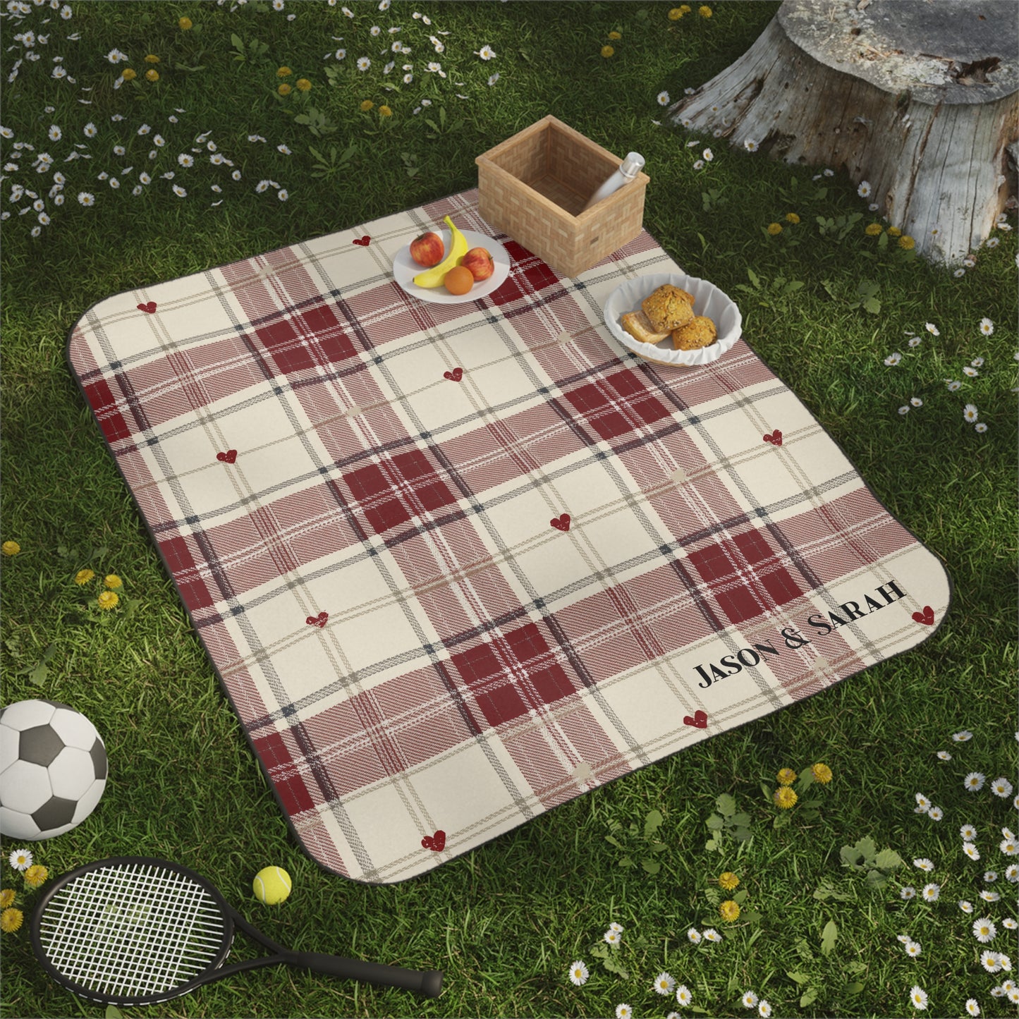 Personalized Picnic Blanket Heart Plaid Throw Fleece Red Pattern Waterproof Backing Oxford Cloth Camping Accessory Outdoor Mat Beach Park Rug