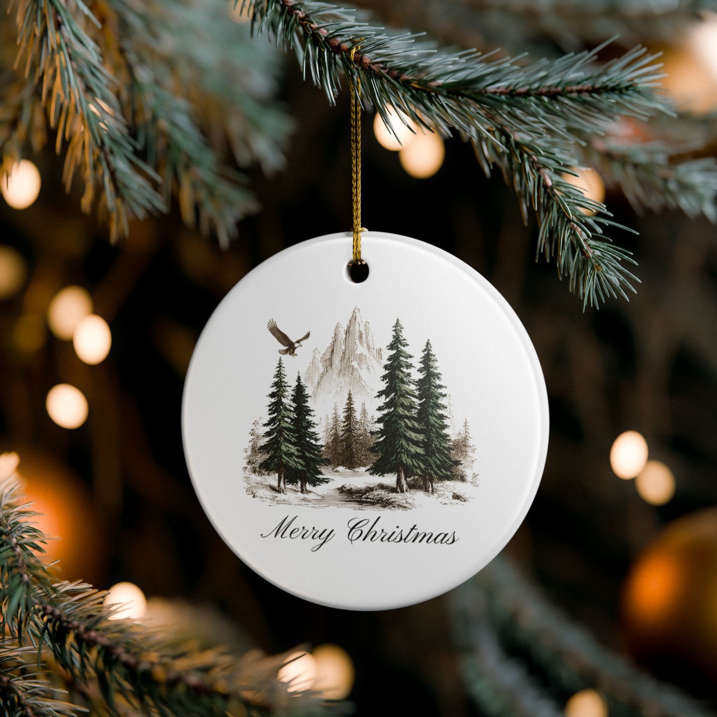 Rustic Merry Christmas Ornament, Mountain Pine Forest Theme