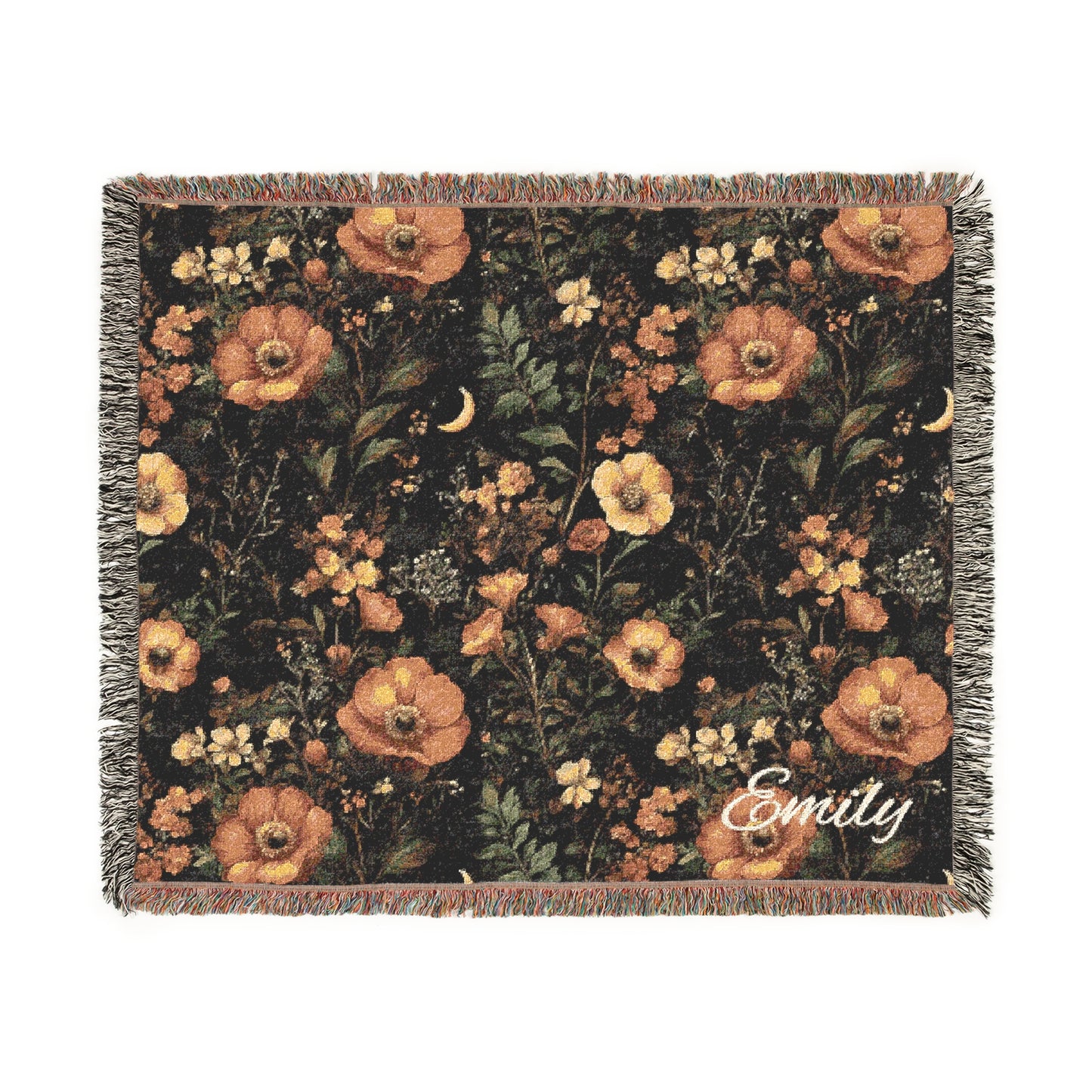 Personalized Dark Floral Fall Woven Blanket, Vintage Flower Throw, Rustic Style, Boho Blanket for Couch