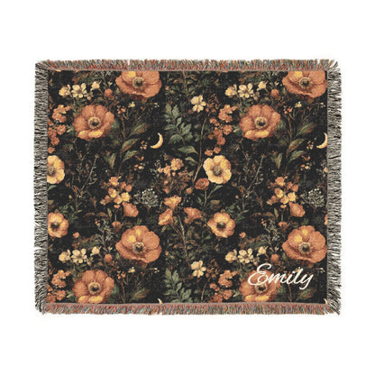 Personalized Dark Floral Fall Woven Blanket, Vintage Flower Throw, Rustic Style, Boho Blanket for Couch