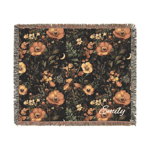 Personalized Dark Floral Fall Woven Blanket, Vintage Flower Throw, Rustic Style, Boho Blanket for Couch