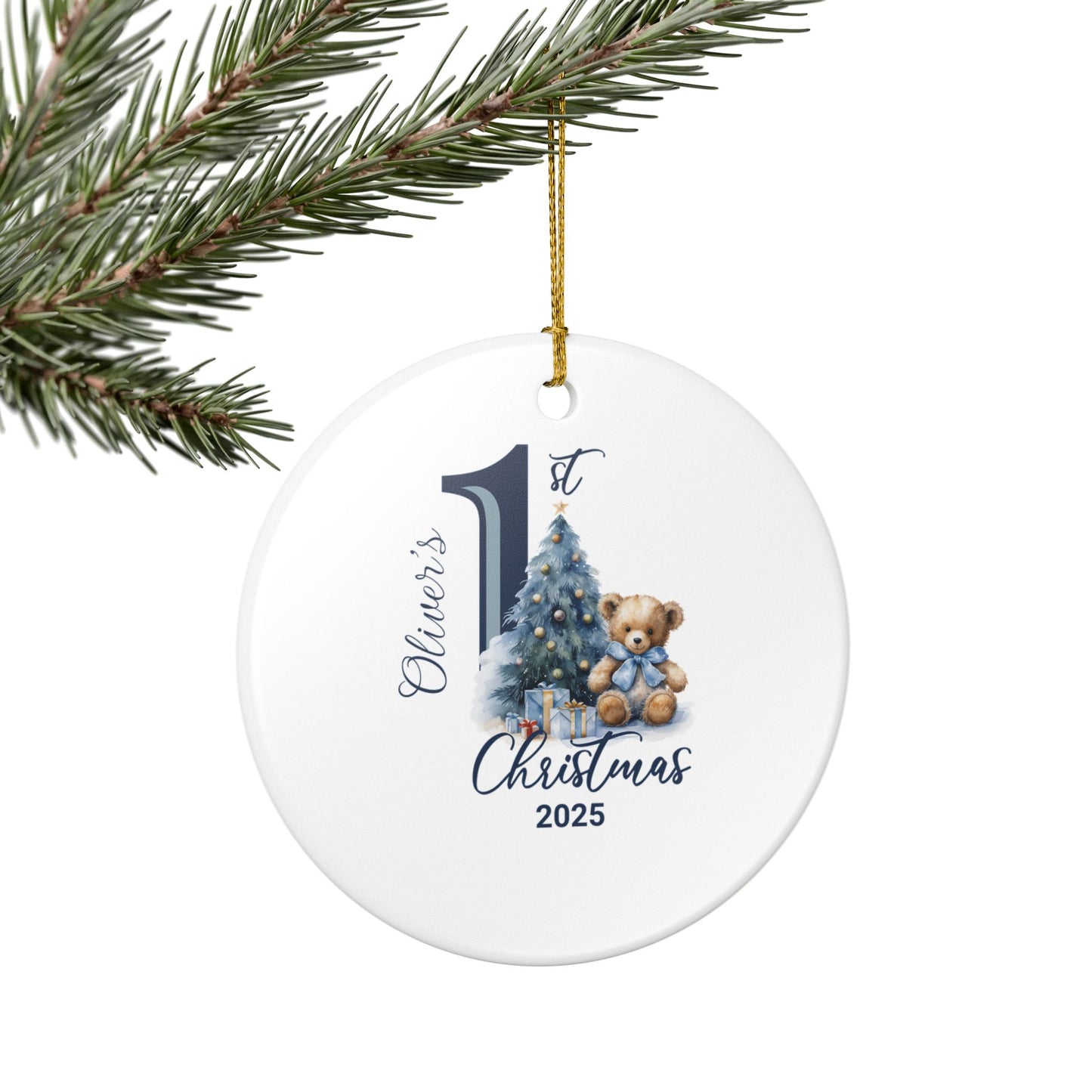 Personalized Baby Boy’s First Christmas Ornament 2025, Teddy Bear Baby Keepsake