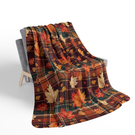 Autumn Plaid Leaves Sherpa Blanket, Cozy Fall Throw