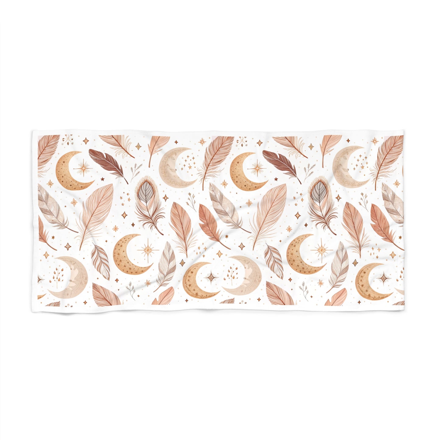 Boho Feather & Moon Beach Towel , Celestial Summer Vibes