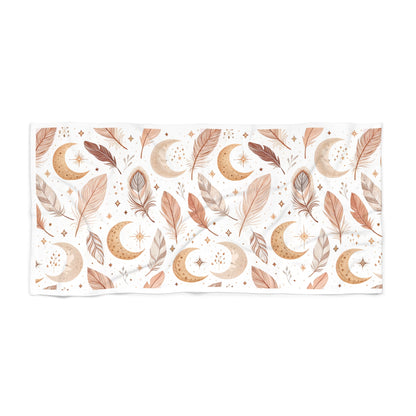 Boho Feather & Moon Beach Towel , Celestial Summer Vibes