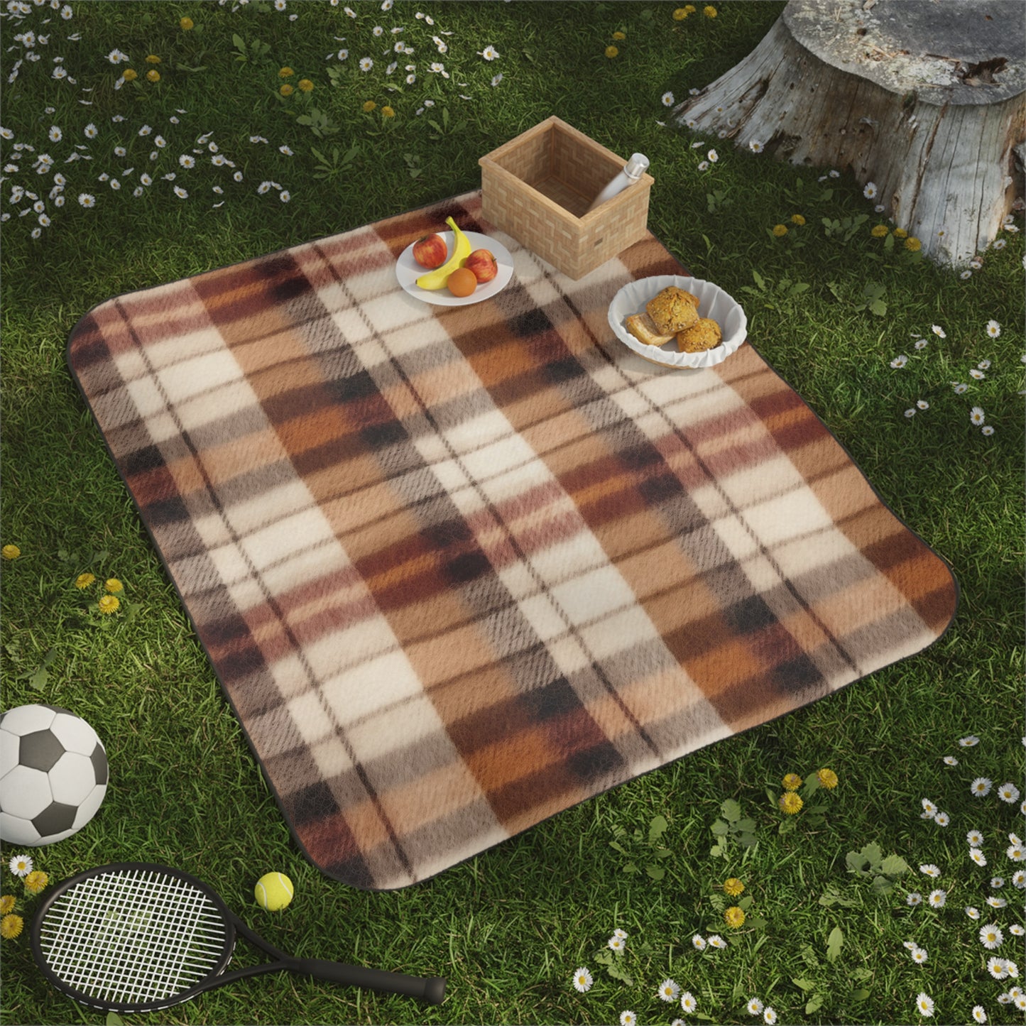 Cozy Brown Plaid Picnic Blanket, Classic Check Outdoor Blanket for Picnics & Camping