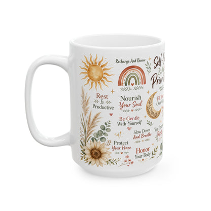 Self-Care Is My Priority Mug, Boho Wellness & Mindfulness Design