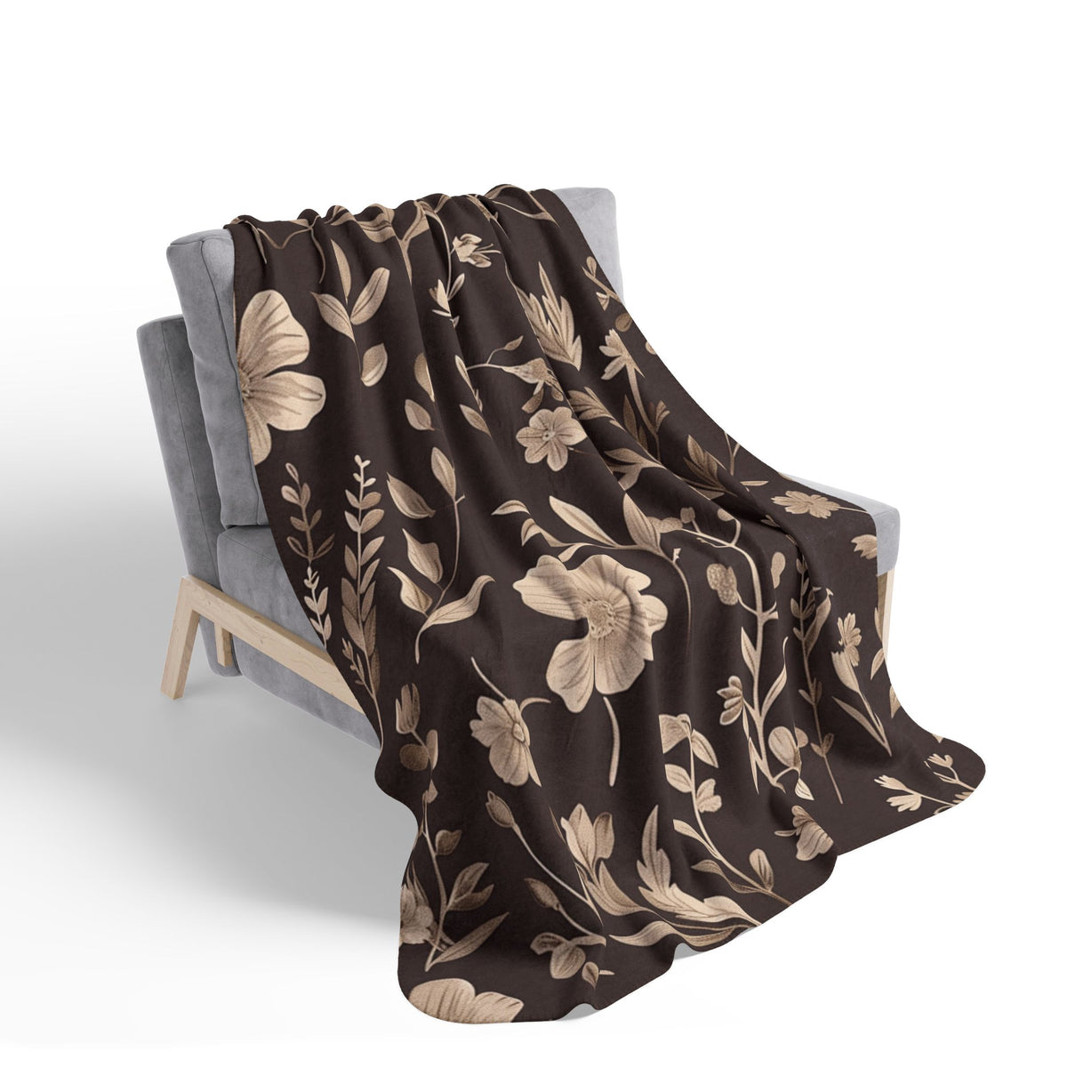 Mocha Wildflower Sherpa Blanket, Dark Boho Floral Throw