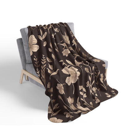Mocha Wildflower Sherpa Blanket, Dark Boho Floral Throw