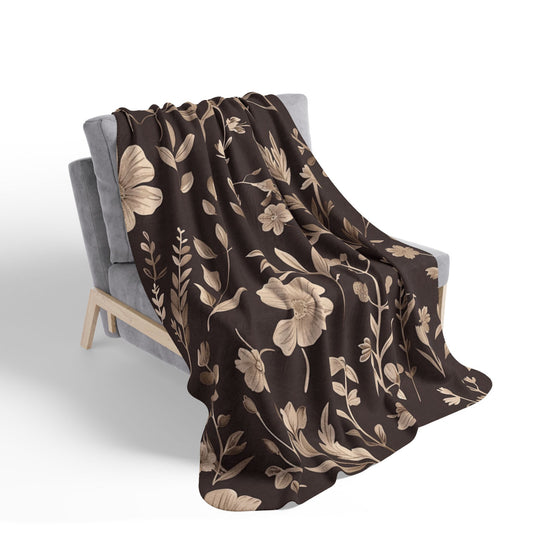 Mocha Wildflower Sherpa Blanket, Dark Boho Floral Throw