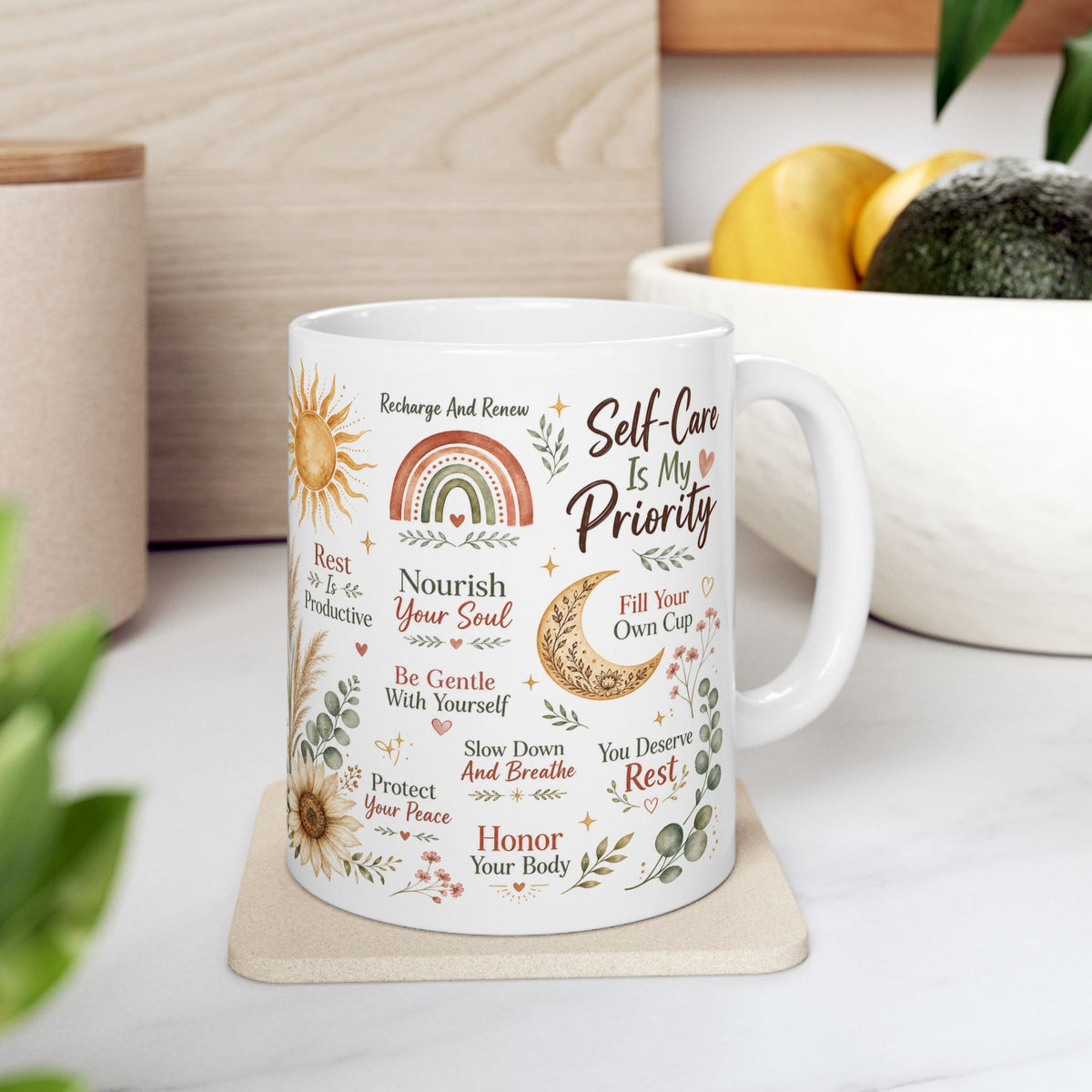 Self-Care Is My Priority Mug, Boho Wellness & Mindfulness Design