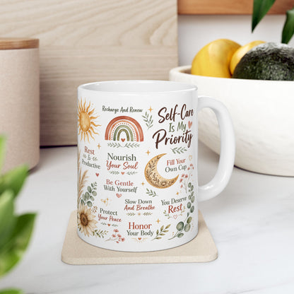 Self-Care Is My Priority Mug, Boho Wellness & Mindfulness Design