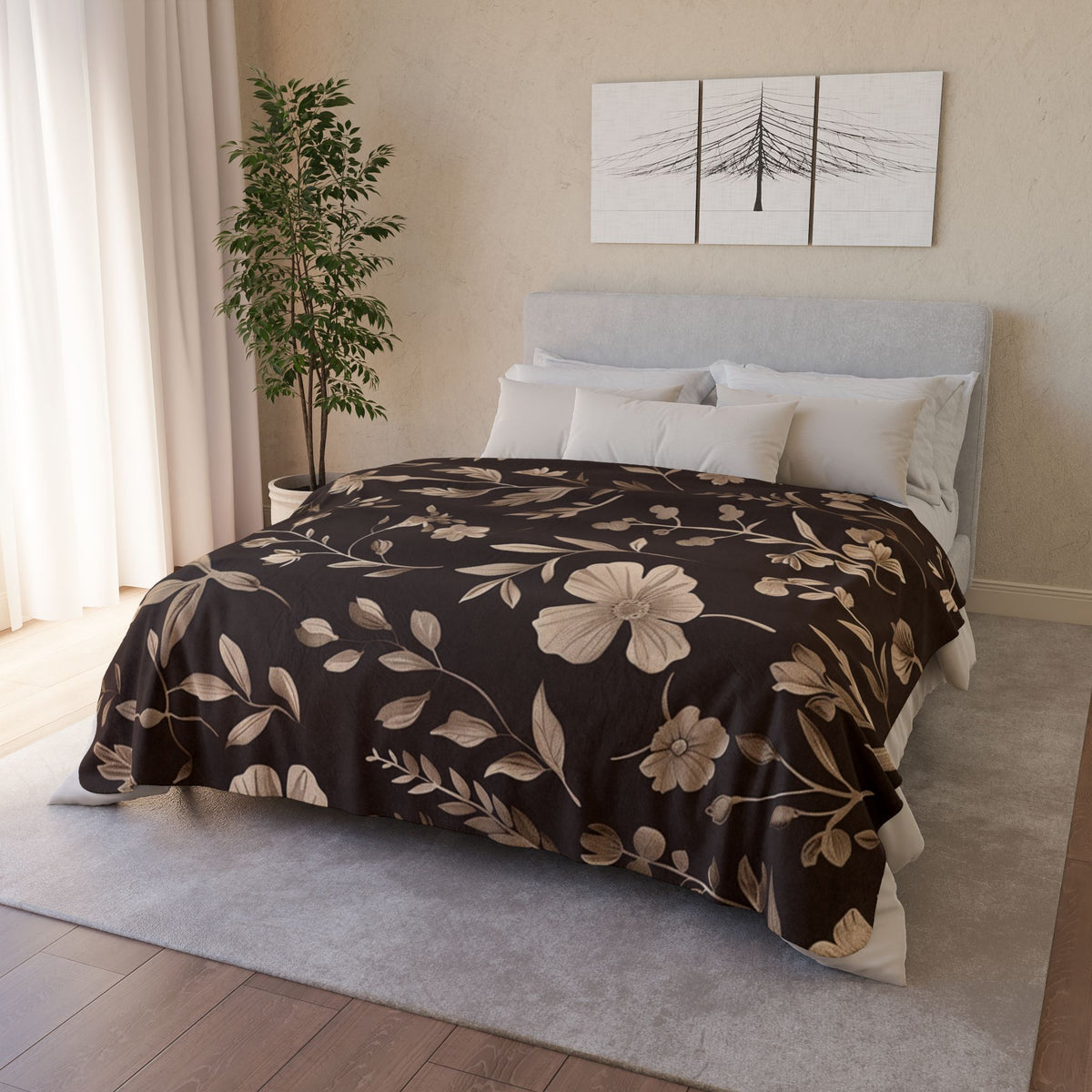 Mocha Wildflower Sherpa Blanket, Dark Boho Floral Throw