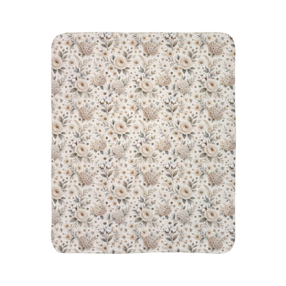 Whispering Meadow Sherpa Blanket, Neutral Boho Floral Throw