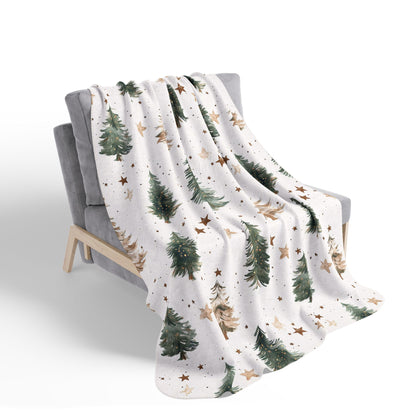 Winter Pines Sherpa Blanket, Cozy Woodland Christmas Throw