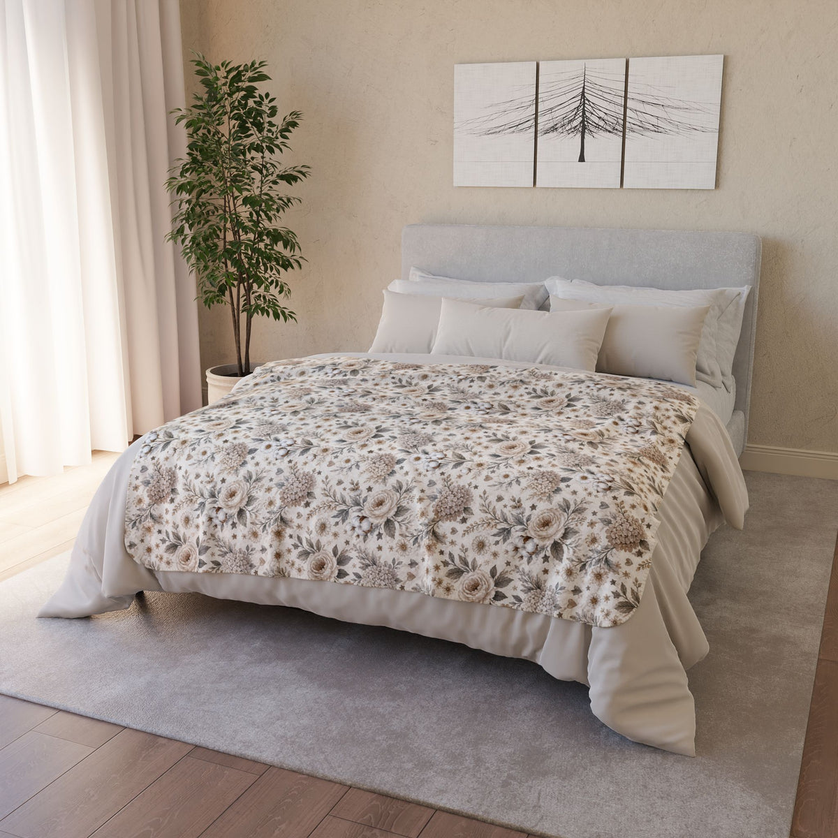 Whispering Meadow Sherpa Blanket, Neutral Boho Floral Throw