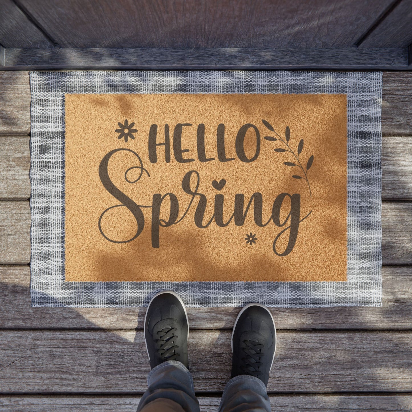 Hello Spring Doormat, Coir Welcome Mat, Floral Porch Mat