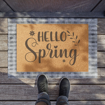 Hello Spring Doormat, Coir Welcome Mat, Floral Porch Mat