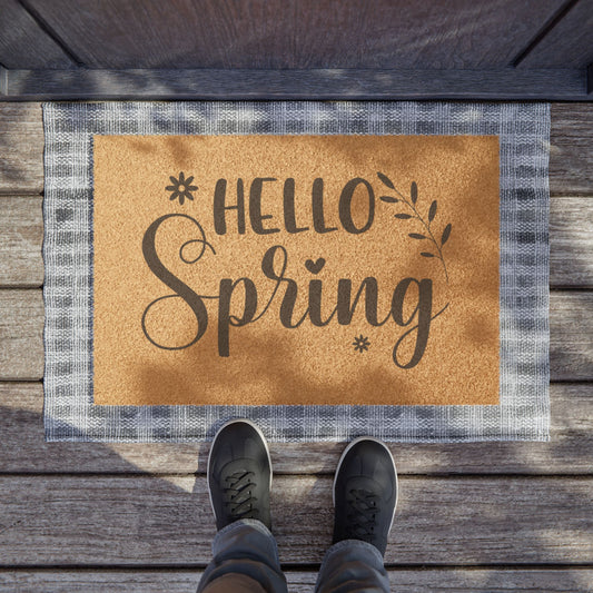 Hello Spring Doormat, Coir Welcome Mat, Floral Porch Mat