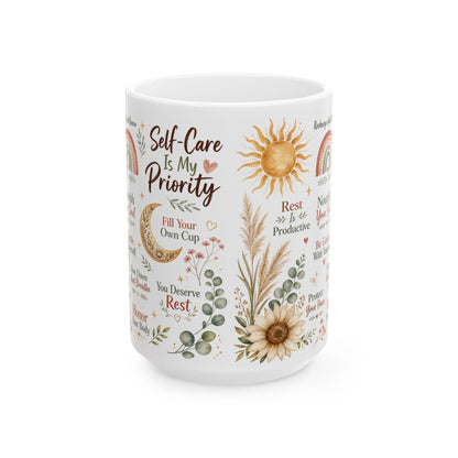 Self-Care Is My Priority Mug, Boho Wellness & Mindfulness Design