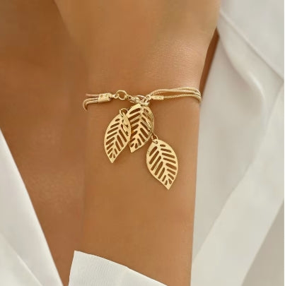 Golden Three Leaf Charm Bracelet, Boho Nature-Inspired Jewelry