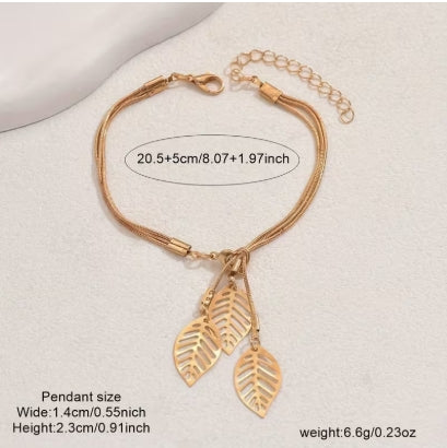 Golden Three Leaf Charm Bracelet, Boho Nature-Inspired Jewelry