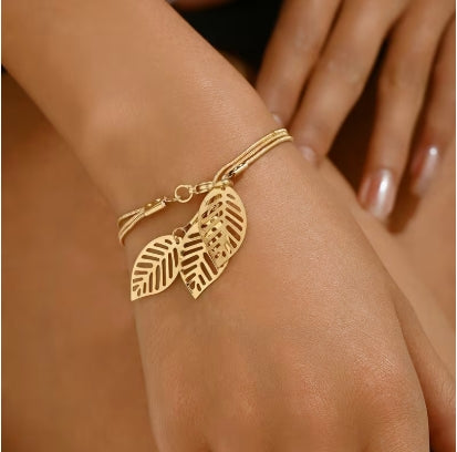 Golden Three Leaf Charm Bracelet, Boho Nature-Inspired Jewelry