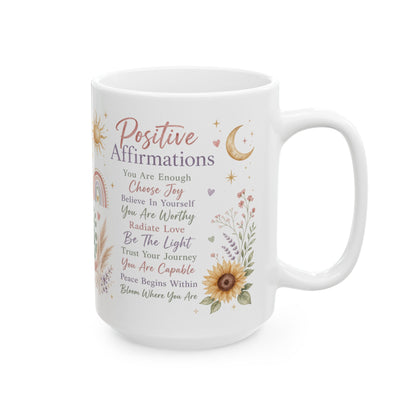 Positive Affirmations Mug, Boho Sunflower Self-Love & Mindfulness Design