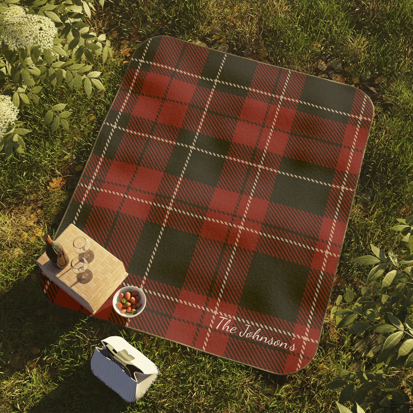 Personalized Red Plaid Blanket Waterproof Backing Oxford Cloth Picnic Mat Outdoor Use Camping Machine Washable Travel Rug Portable Design Fleece Top
