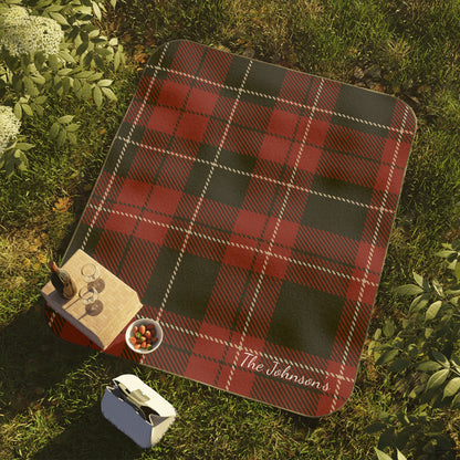 Personalized Red Plaid Blanket Waterproof Backing Oxford Cloth Picnic Mat Outdoor Use Camping Machine Washable Travel Rug Portable Design Fleece Top