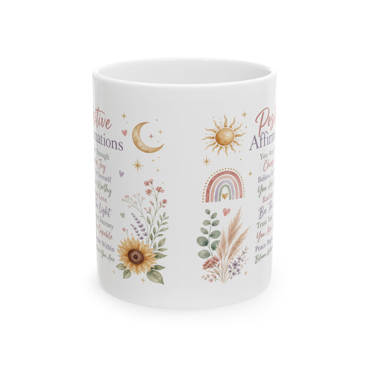 Positive Affirmations Mug, Boho Sunflower Self-Love & Mindfulness Design
