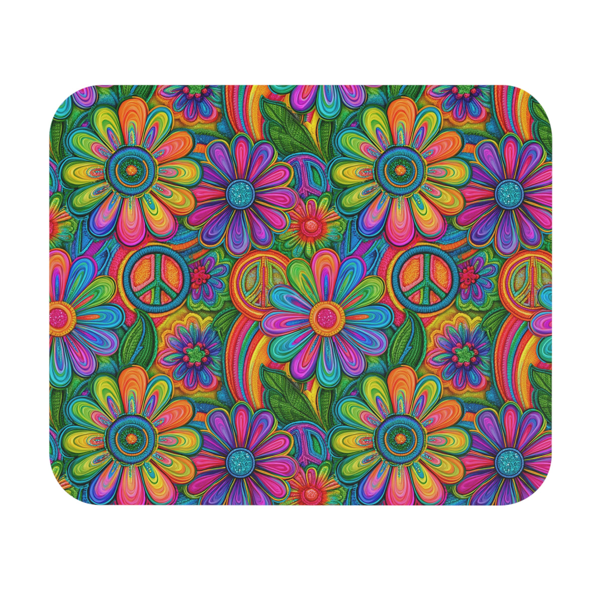 Retro Hippie Peace Sign Mouse Pad, Colorful Boho Floral Desk Accessory
