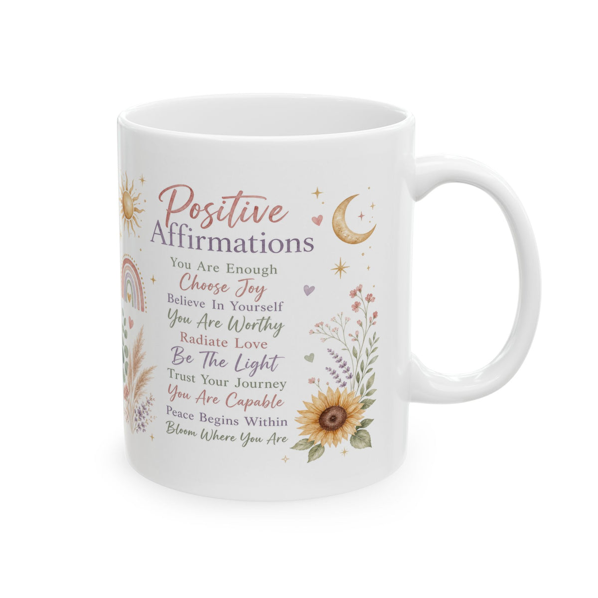 Positive Affirmations Mug, Boho Sunflower Self-Love & Mindfulness Design