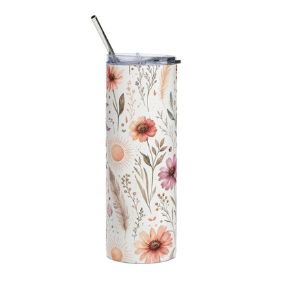 Boho Wildflower Skinny Tumbler, Floral & Feather Travel Cup