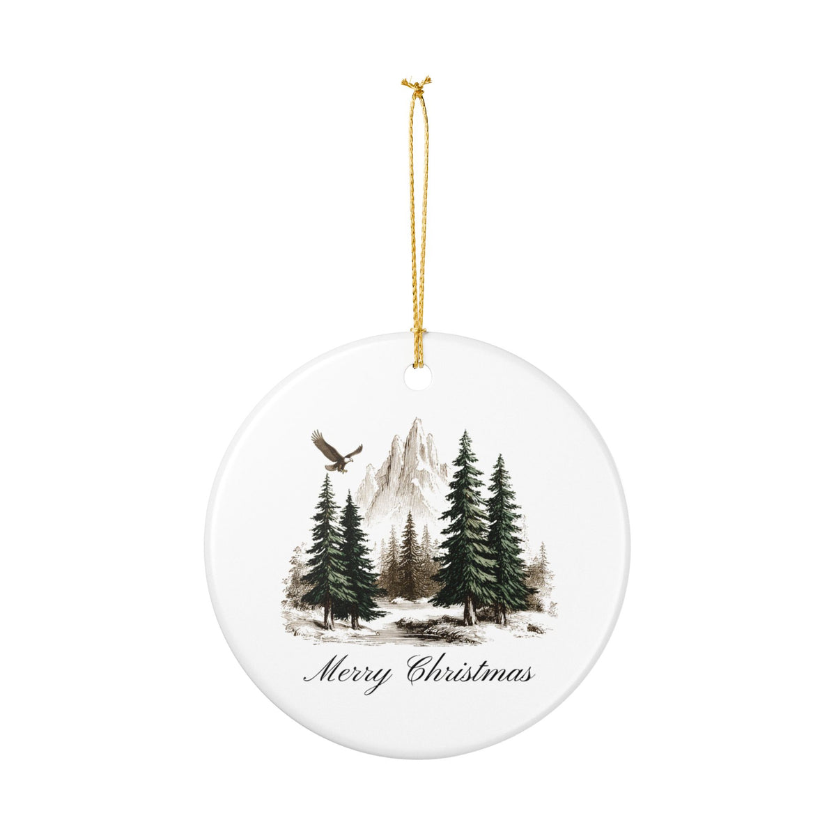 Rustic Merry Christmas Ornament, Mountain Pine Forest Theme