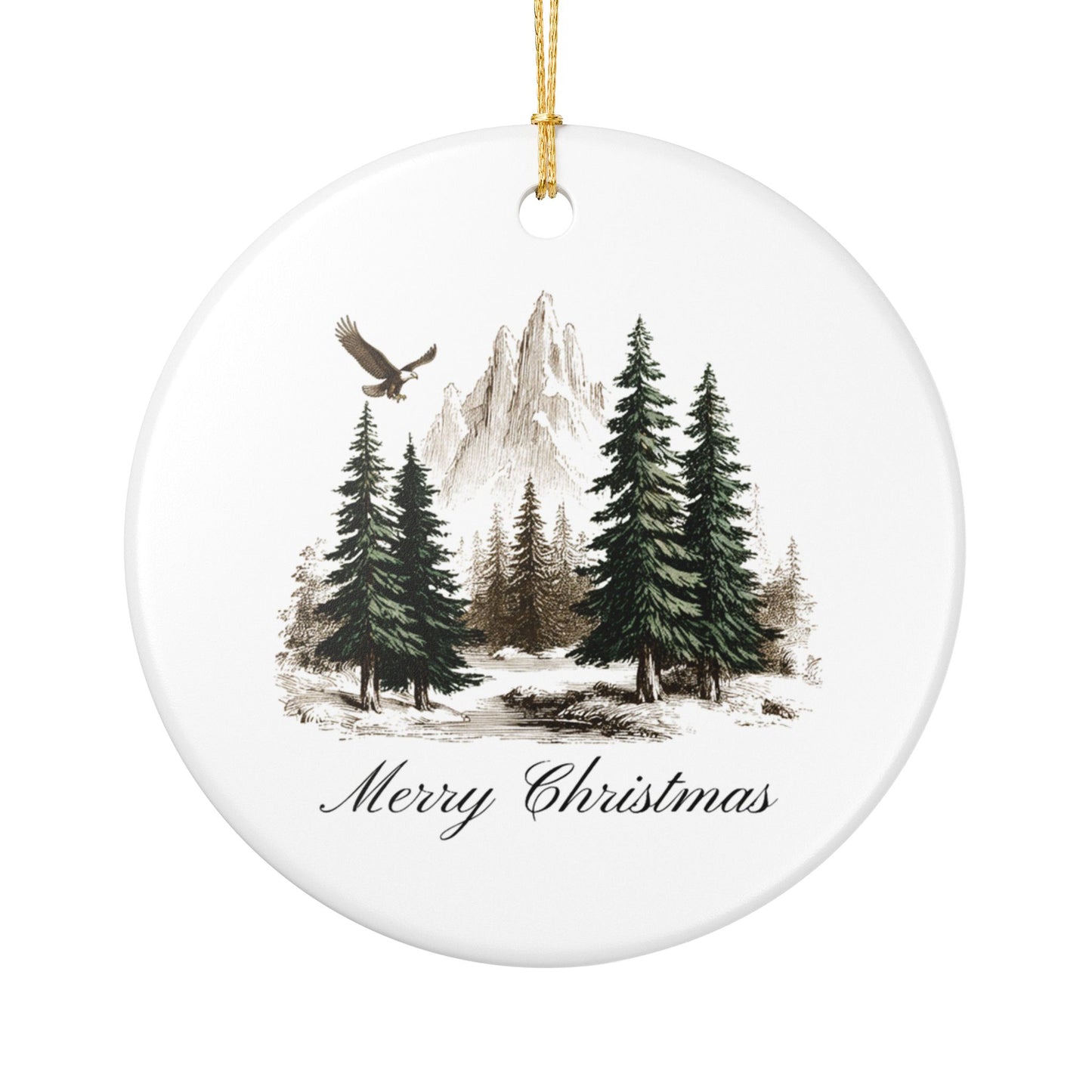 Rustic Merry Christmas Ornament, Mountain Pine Forest Theme