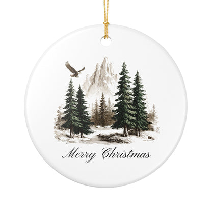 Rustic Merry Christmas Ornament, Mountain Pine Forest Theme