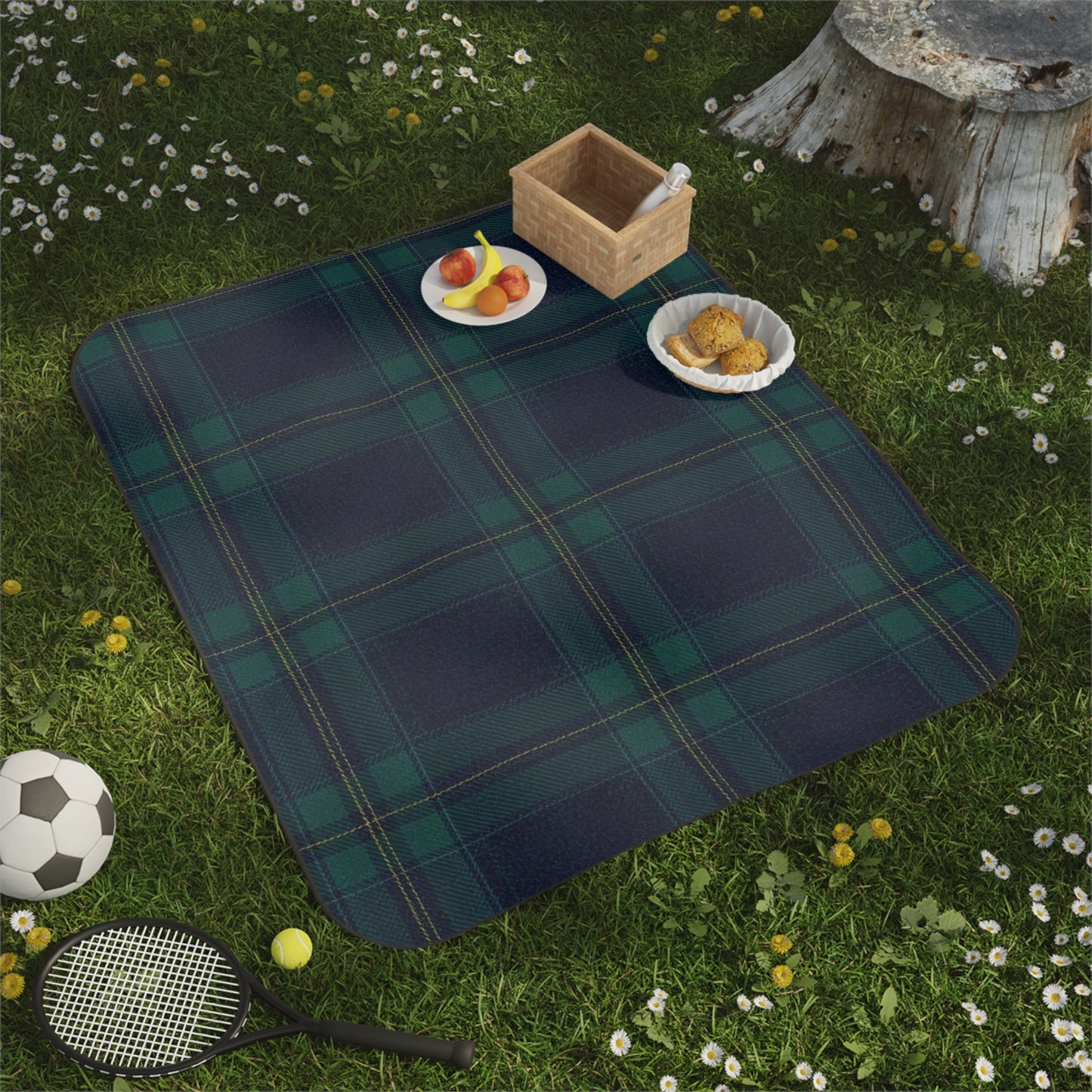 Dark Green and Navy Tartan Picnic Blanket, Classic Plaid Outdoor Blanket for Picnics & Camping