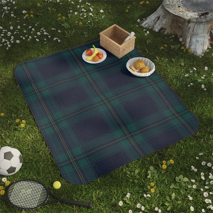 Dark Green and Navy Tartan Picnic Blanket, Classic Plaid Outdoor Blanket for Picnics & Camping