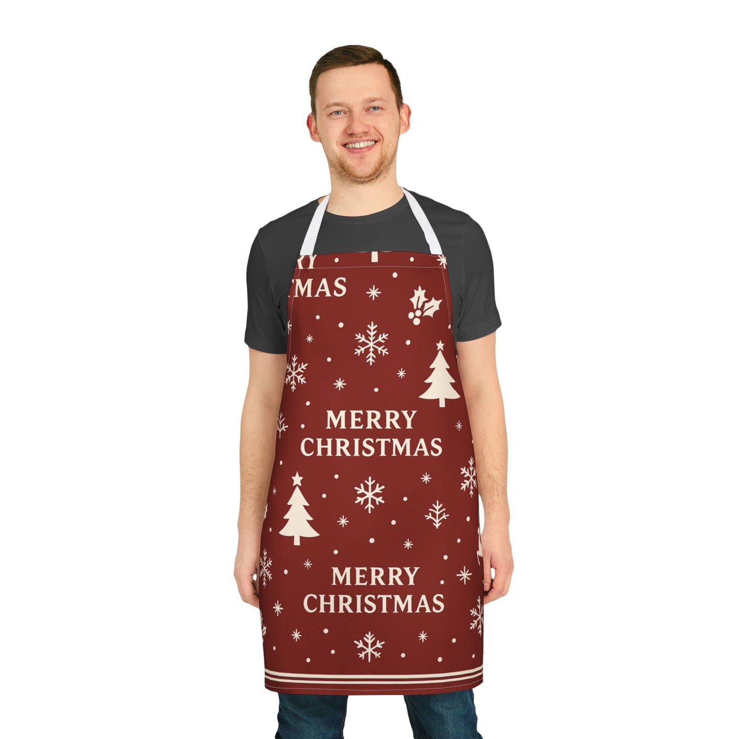 Christmas Apron – 'Merry Christmas' Red Holiday Cooking Apron with Reindeer & Snowflakes