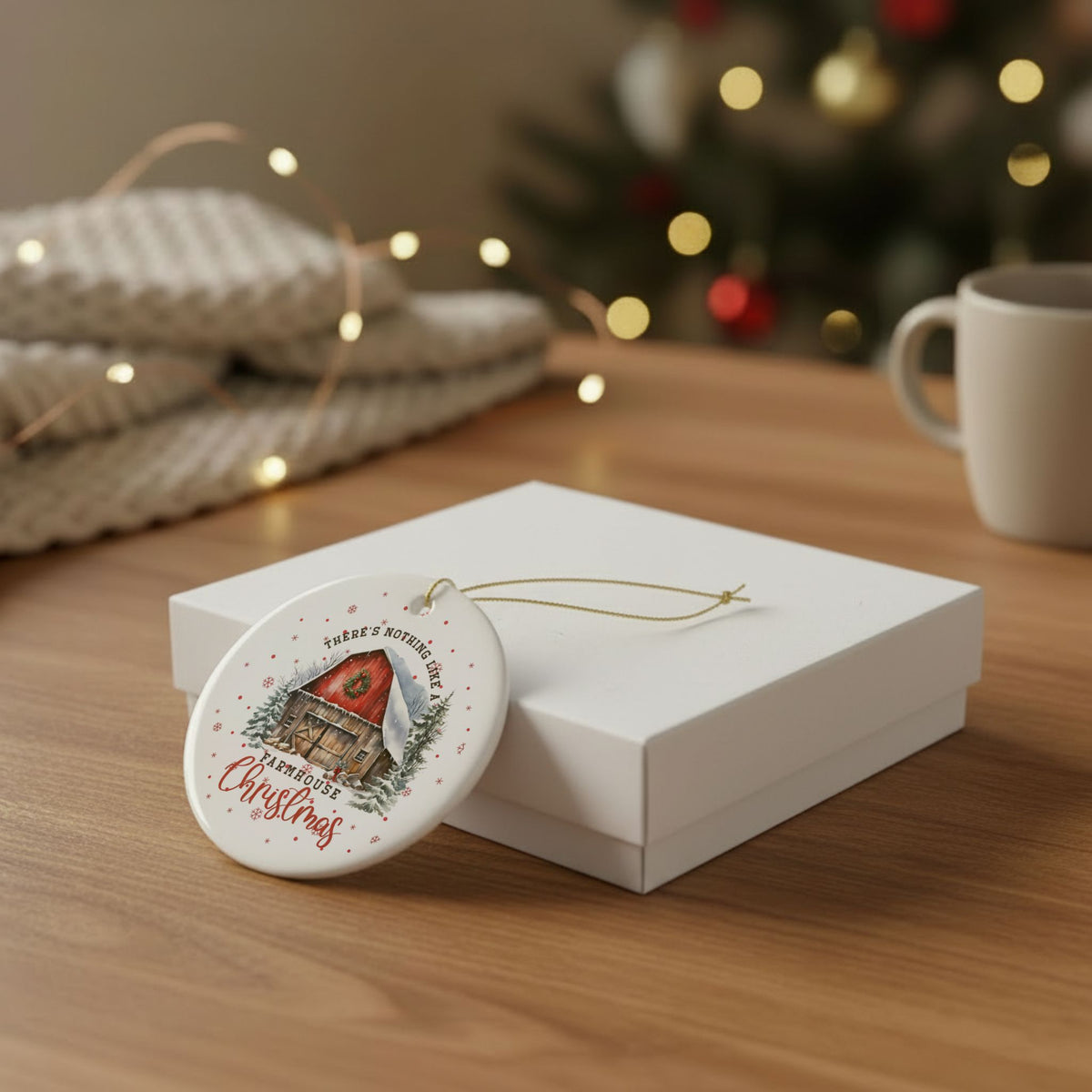Farmhouse Christmas Ceramic Ornament, Rustic Holiday Decor, Holiday Keepsake