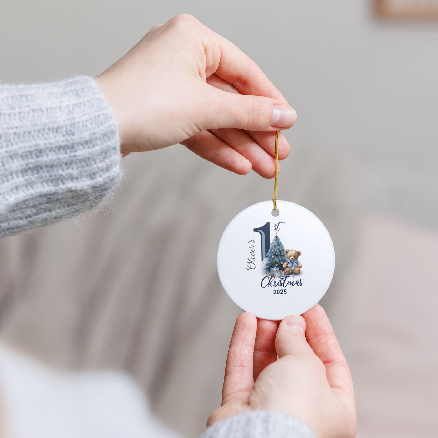 Personalized Baby Boy’s First Christmas Ornament 2025, Teddy Bear Baby Keepsake