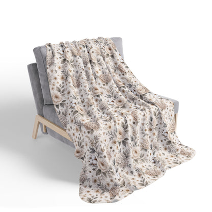 Whispering Meadow Sherpa Blanket, Neutral Boho Floral Throw