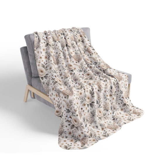 Whispering Meadow Sherpa Blanket, Neutral Boho Floral Throw