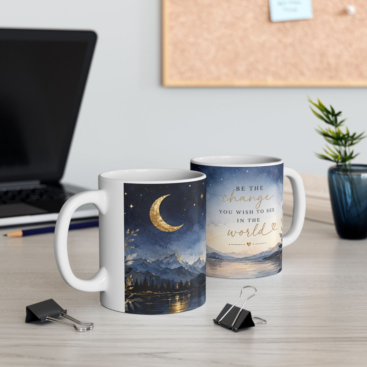 Be the Change Inspirational Mug – Celestial Mountain & Moon Design