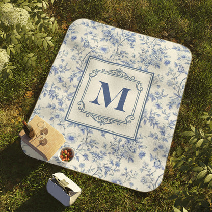 Personalized Blue Toile Monogram Picnic Blanket, French Country Floral Outdoor Blanket