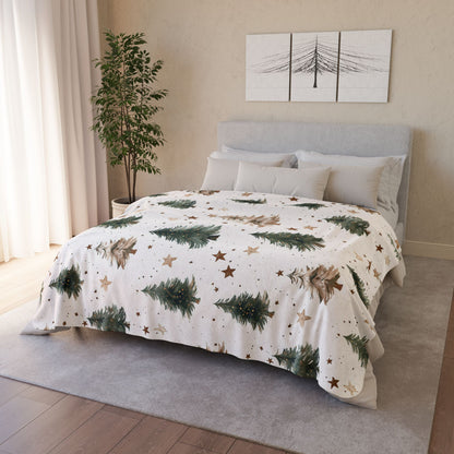 Winter Pines Sherpa Blanket, Cozy Woodland Christmas Throw