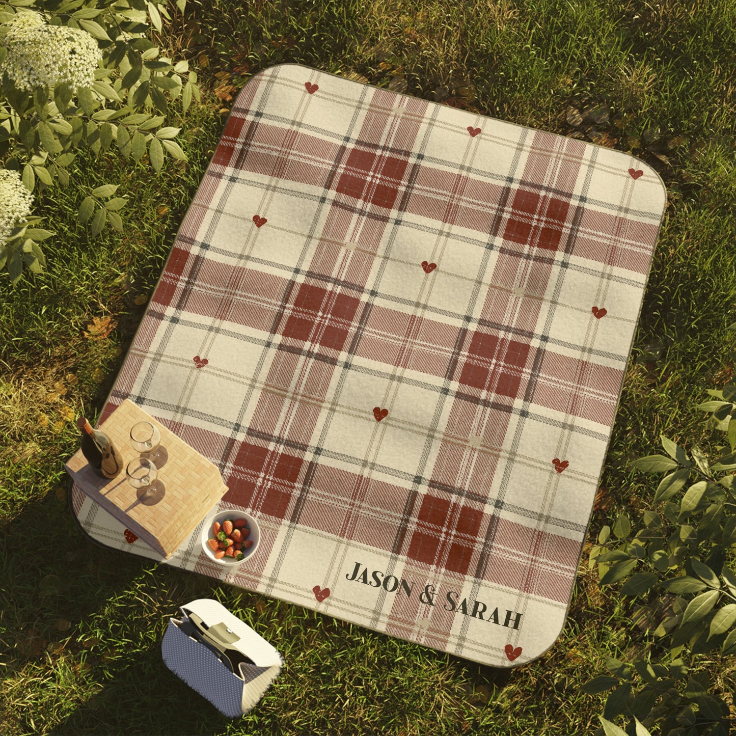 Personalized Picnic Blanket Heart Plaid Throw Fleece Red Pattern Waterproof Backing Oxford Cloth Camping Accessory Outdoor Mat Beach Park Rug