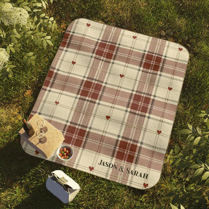 Personalized Picnic Blanket Heart Plaid Throw Fleece Red Pattern Waterproof Backing Oxford Cloth Camping Accessory Outdoor Mat Beach Park Rug